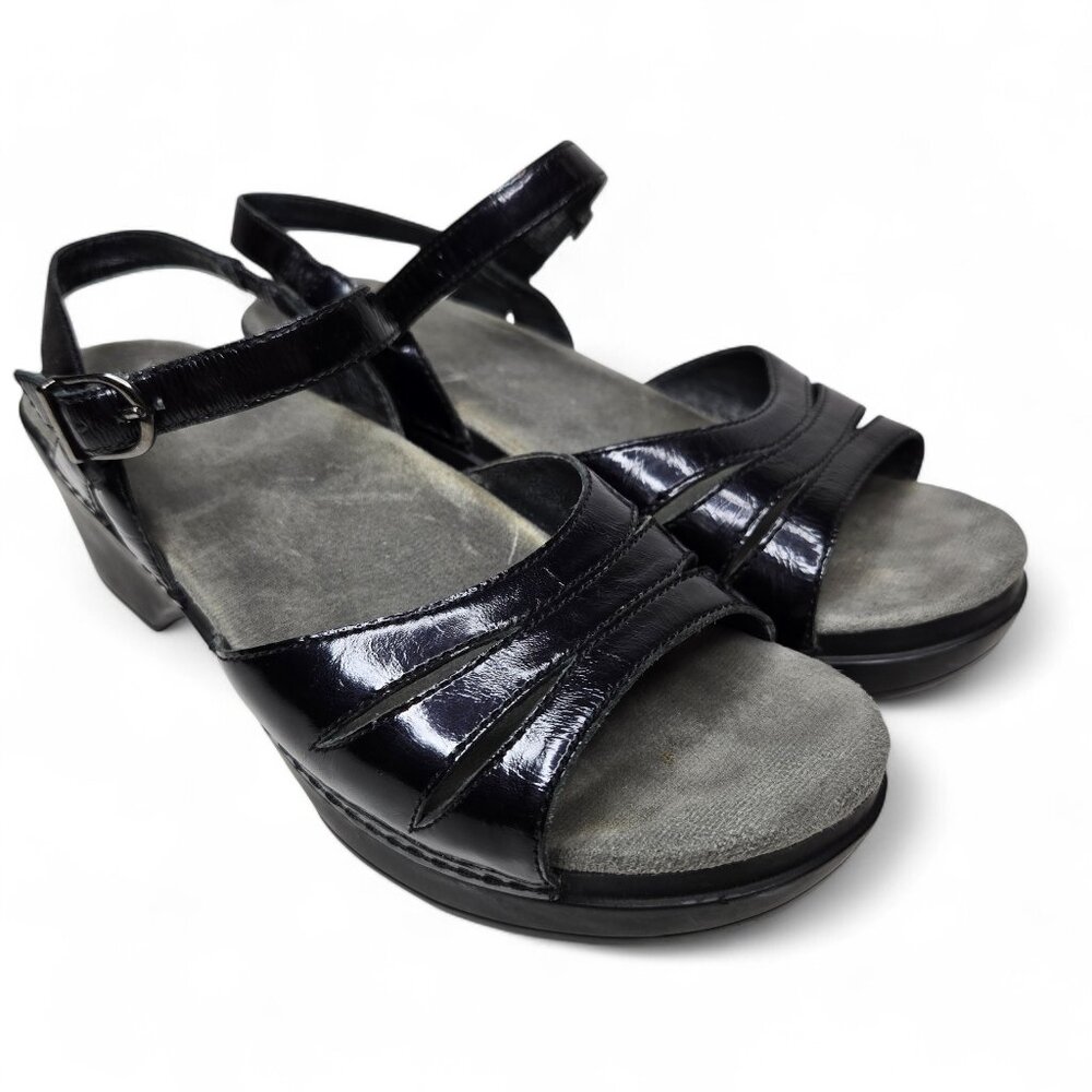 Dansko Sissy Patent Heeled Sandal's Women's Black Cushion Insole Open Toe 8.5/9